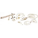 9ct gold and yellow metal jewellery including necklaces and earrings, weighable 9ct gold 12.4g,