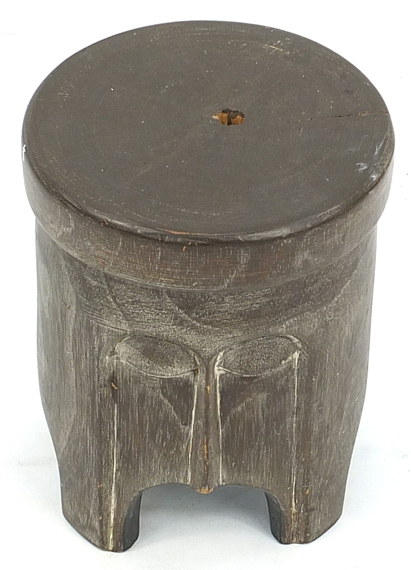 African carved wood face mask stool, made in Ghana label to the underside, 63cm high x 27cm in - Image 2 of 4