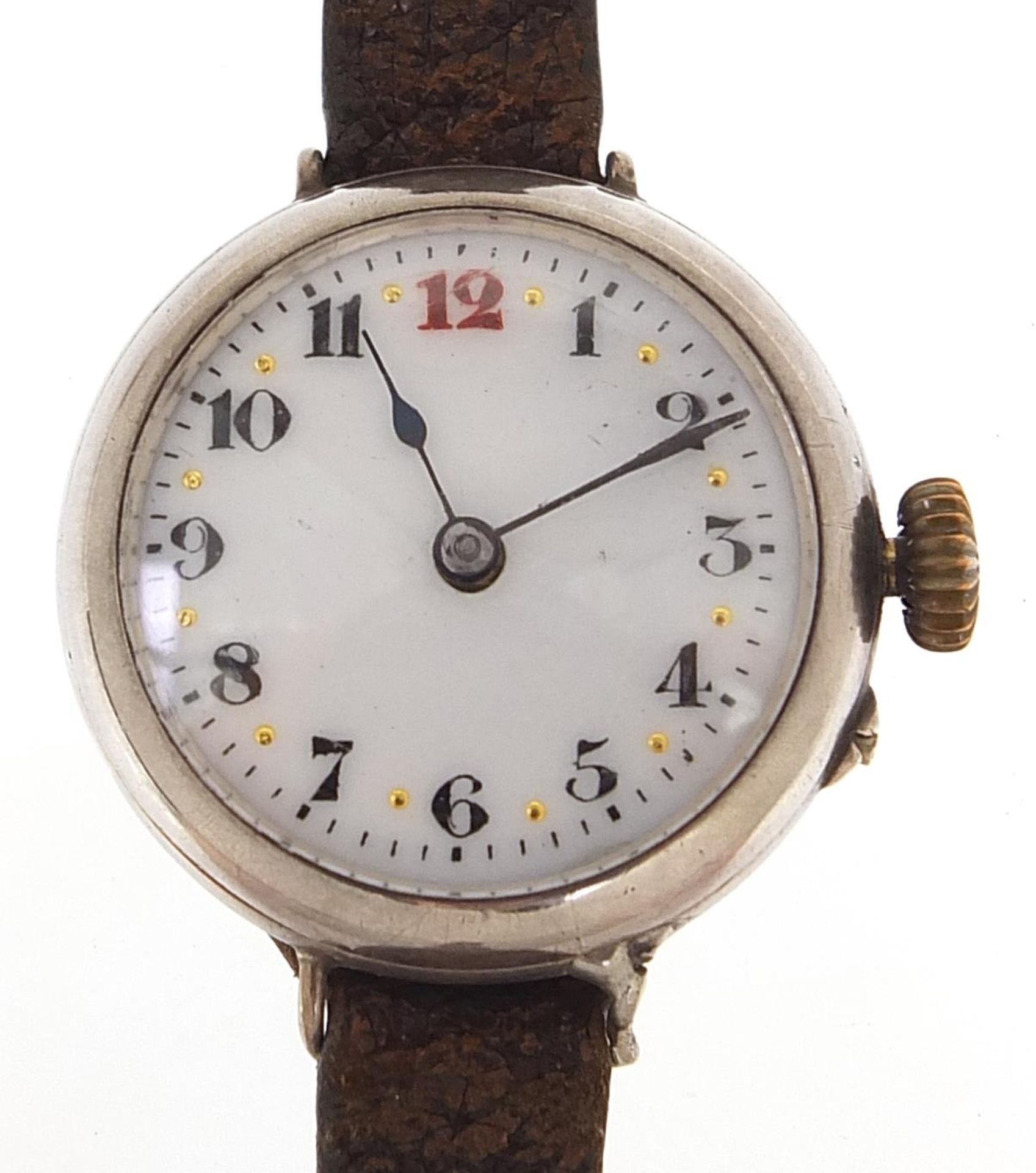 Military interest silver trench watch with enamelled dial, 30mm in diameter