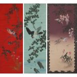 Three Chinese wall hanging scrolls hand painted with birds