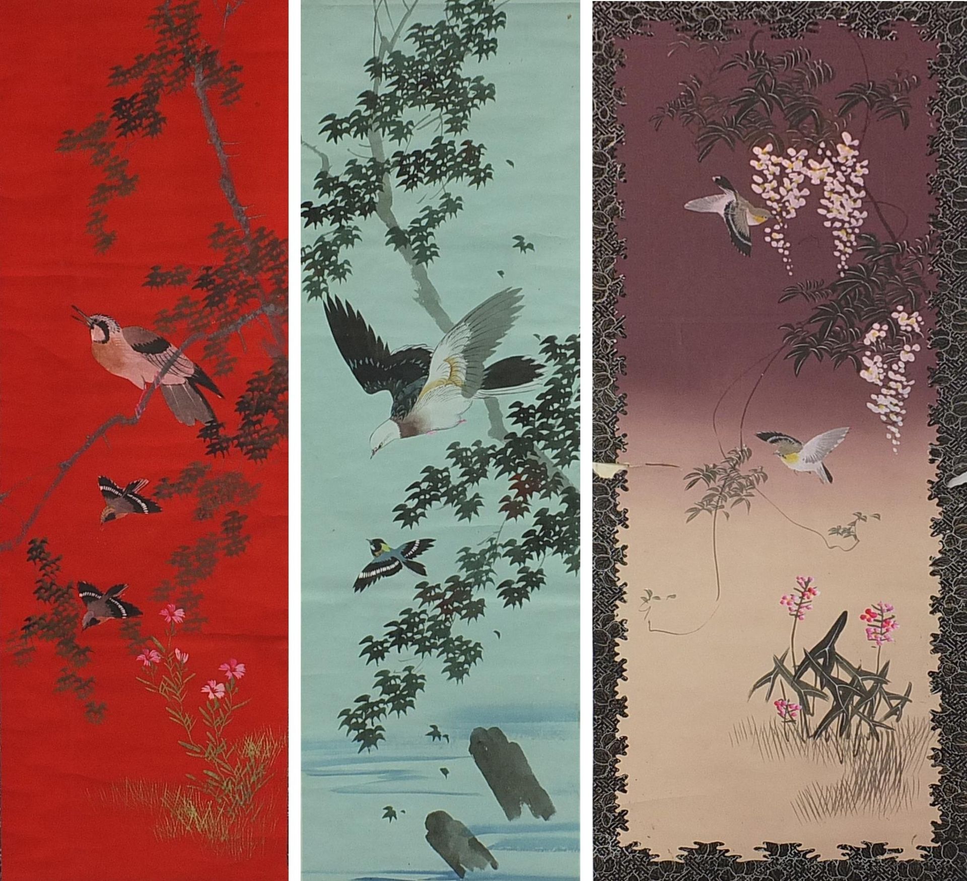 Three Chinese wall hanging scrolls hand painted with birds