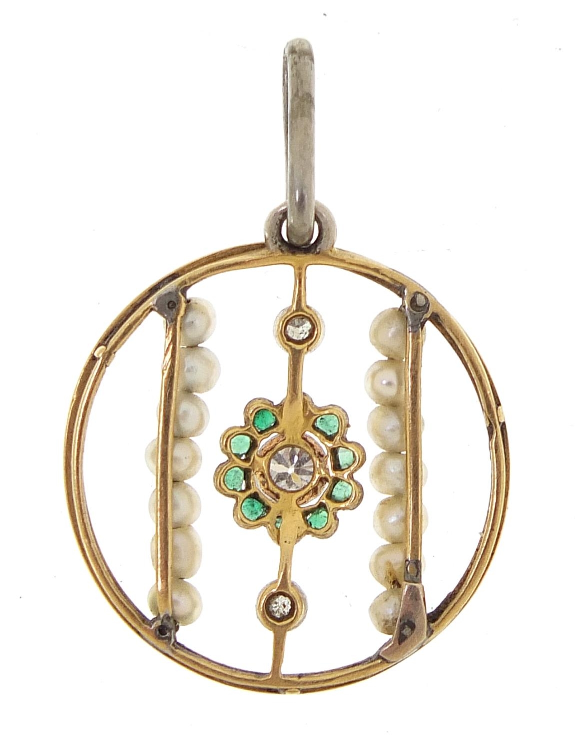 Unmarked gold diamond, emerald, seed pearl and white enamel pendant, 2.8cm high, 1.7g - Image 2 of 2