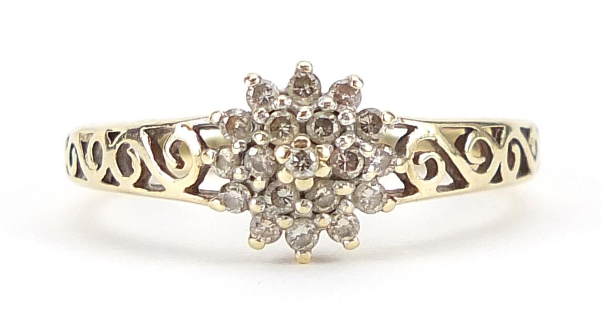 9ct gold diamond three tier cluster ring with pierced shoulders, size N, 2.1g