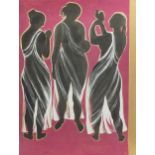 Christine Nisbet - Three figures wearing Grecian robes, unsigned oil on card, unframed, 123cm x 83cm
