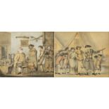 Figures in an interior and procession of figures before a village, pair of 18th century heightened