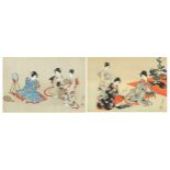 Females wearing kimonos, pair of Japanese watercolours, each with character marks and red seal mark,