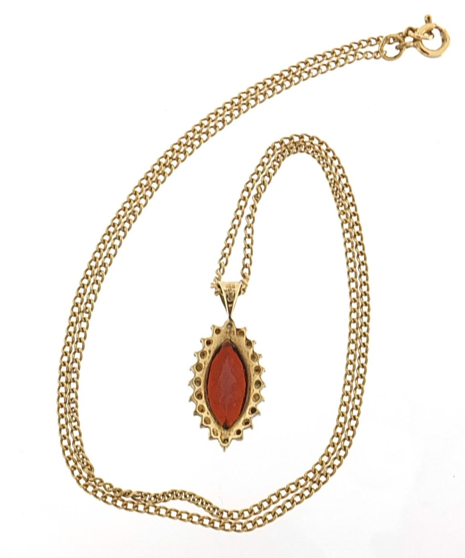 9ct gold garnet and diamond cluster pendant on a 9ct gold necklace, 2.5cm high and 45cm in length, - Image 3 of 3