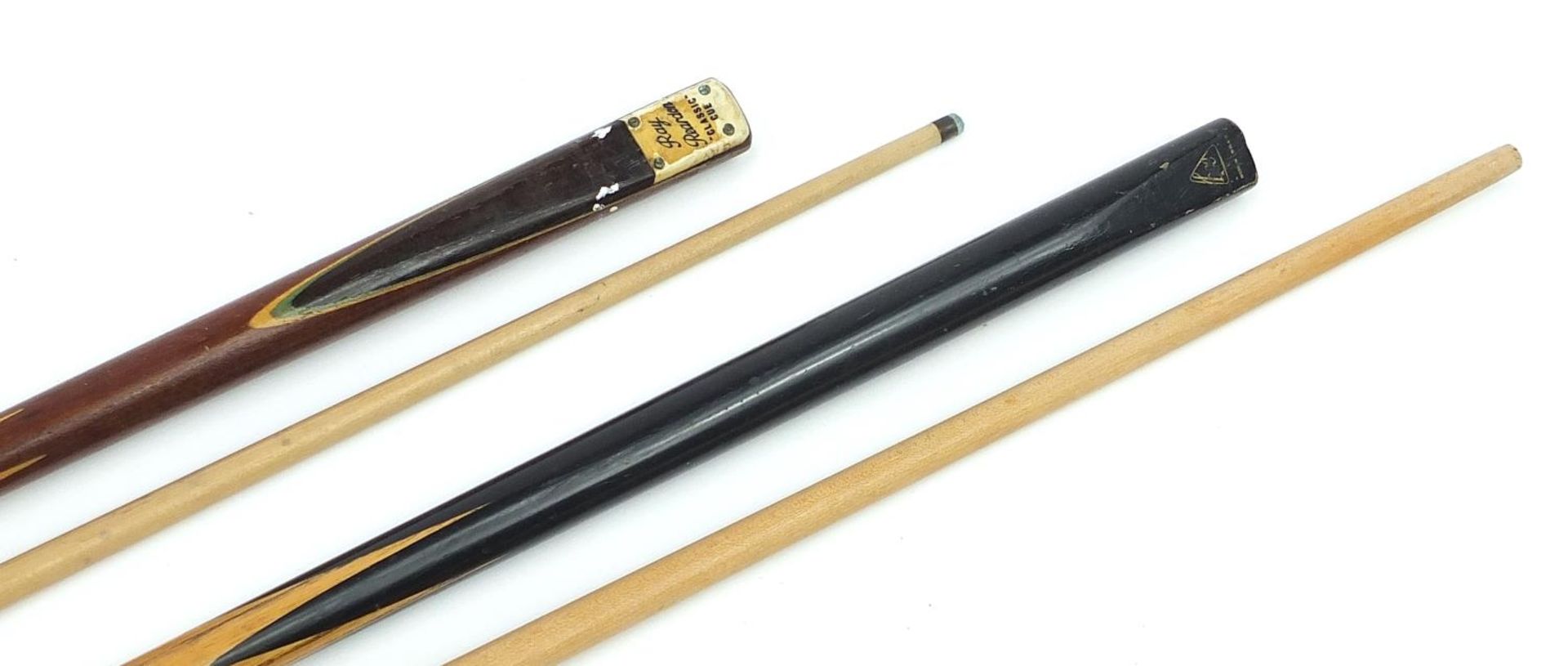 Four wooden snooker cues including Ray Reardon, John Bennett & Co and Riley Burwat, the largest - Image 2 of 5