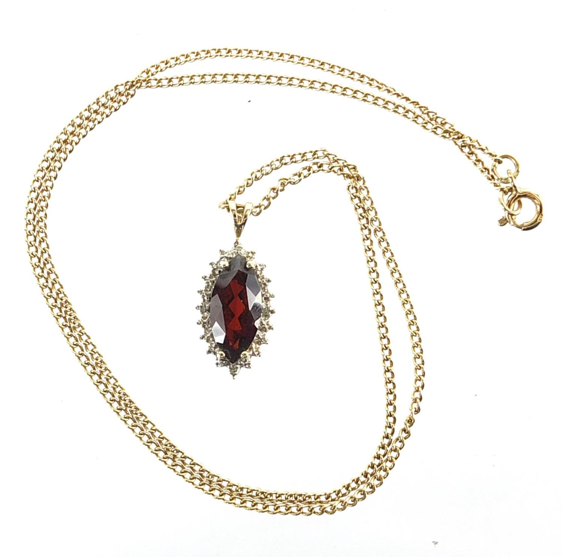 9ct gold garnet and diamond cluster pendant on a 9ct gold necklace, 2.5cm high and 45cm in length, - Image 2 of 3