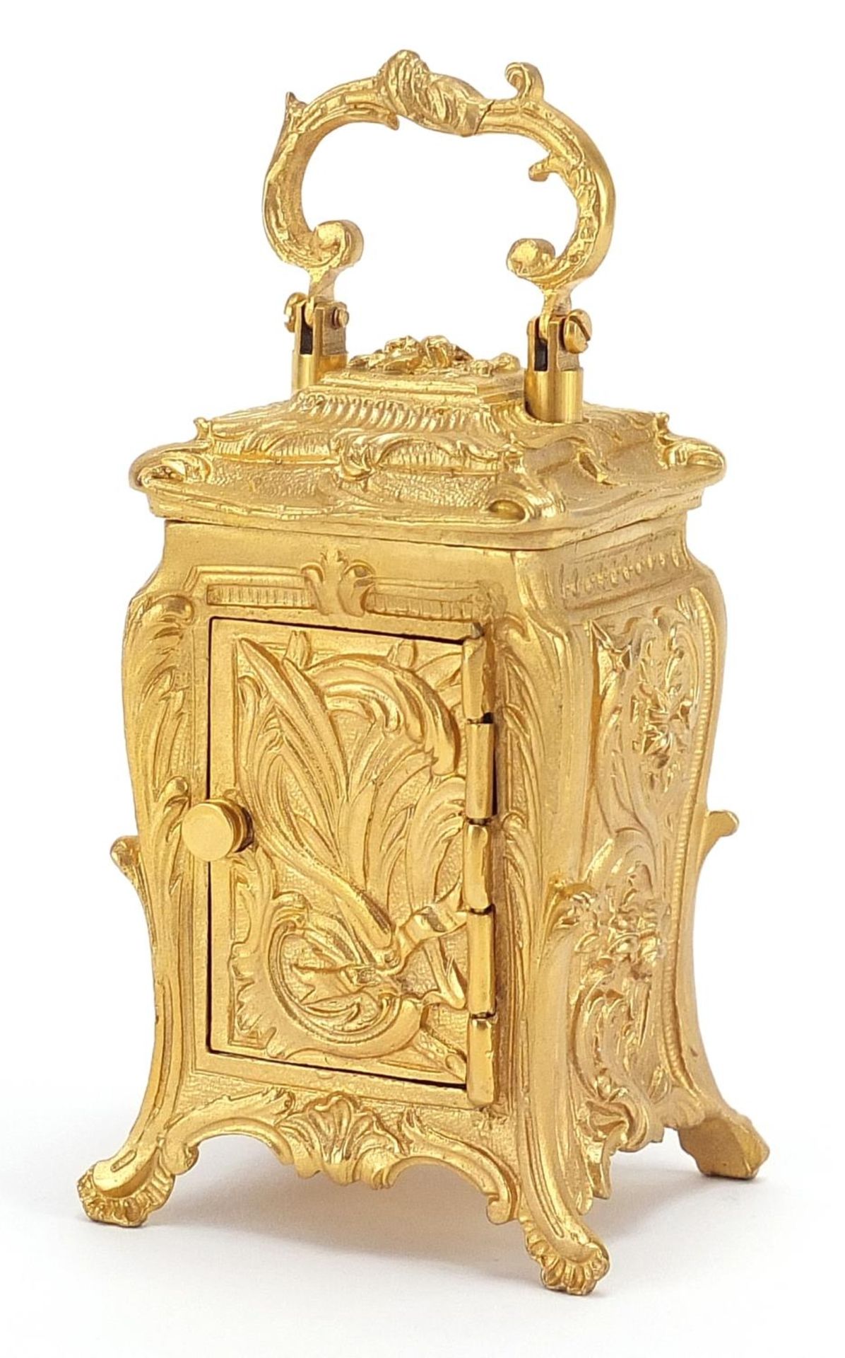Miniature gilt brass Rococo style carriage clock, 8cm high - Image 2 of 4