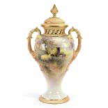 Harry Davis for Royal Worcester, Victorian porcelain vase and cover with twin handles hand painted