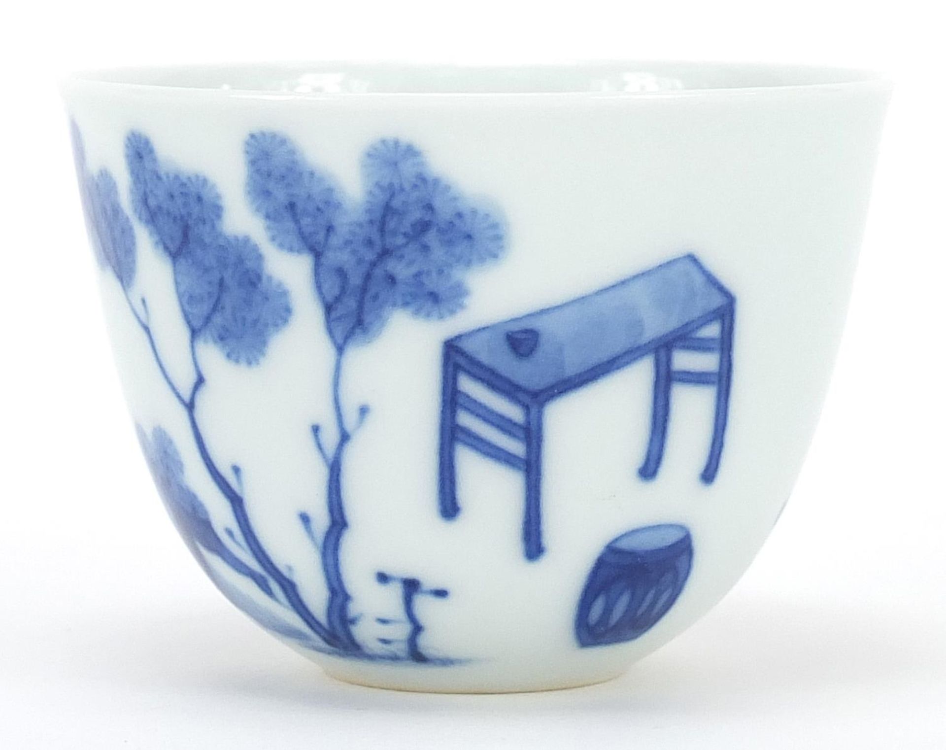 Chinese blue and white porcelain tea bowl hand painted with an erotic scene, six figure character - Image 2 of 3