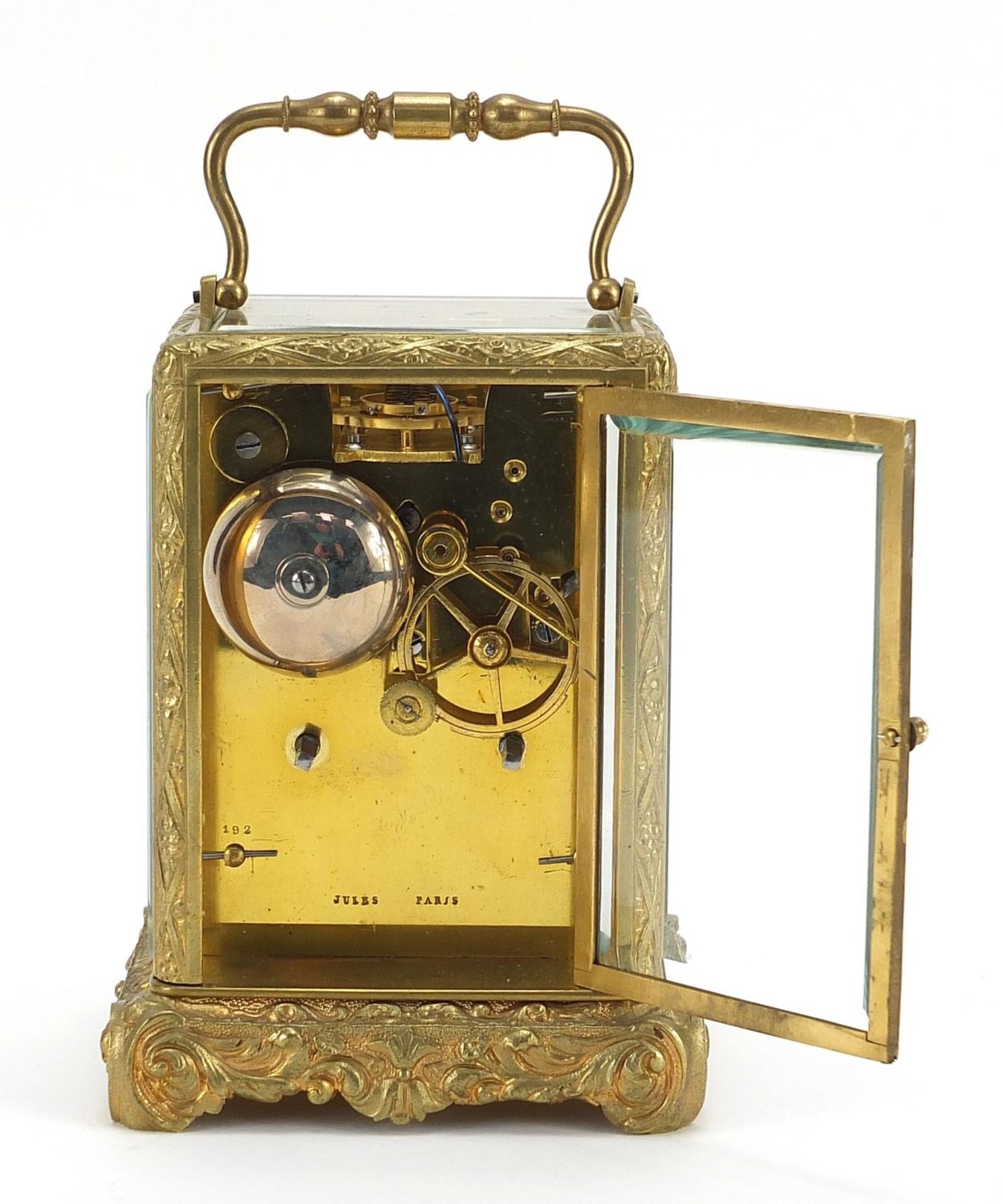 19th century gilt brass cased carriage clock striking on a bell with enamelled dial having Roman - Image 3 of 5