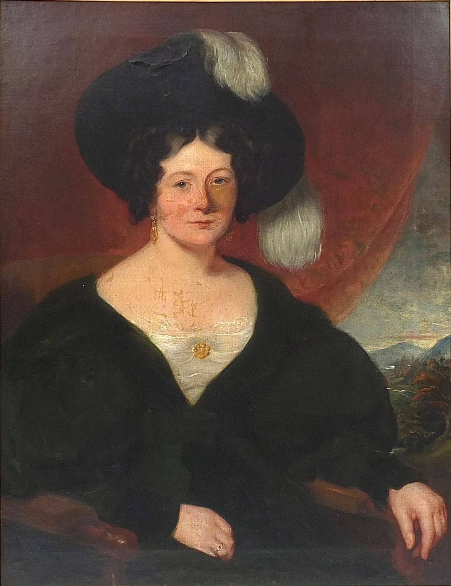 Attributed to Philip Augustus Gaugain - Portrait of a seated lady wearing a feathered hat, mid