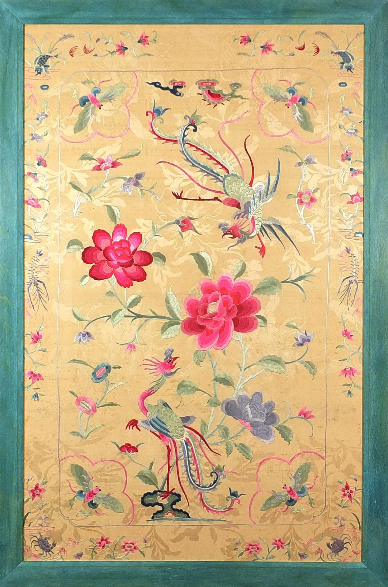 Phoenixes amongst insects and flowers, Chinese silk embroidered panel, framed and glazed, 100cm x - Bild 2 aus 3