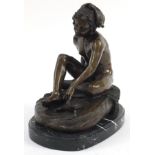 Large patinated bronze study of a nude beggar with tortoise raised on an oval black slate base, 29.