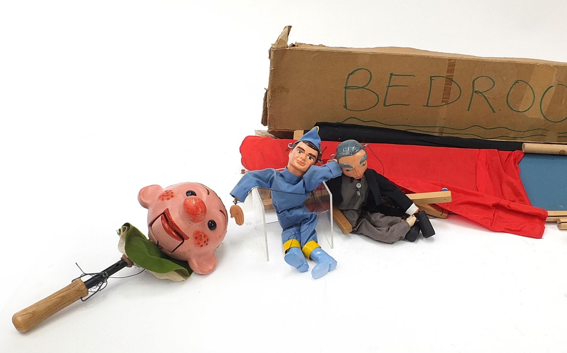 Two vintage Pelham puppets, two hand operated puppets and a pop up theatre - Image 2 of 3