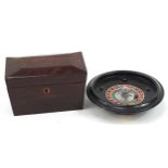 Victorian mahogany tea caddy with twin divisional interior and vintage Bakelite roulette wheel,