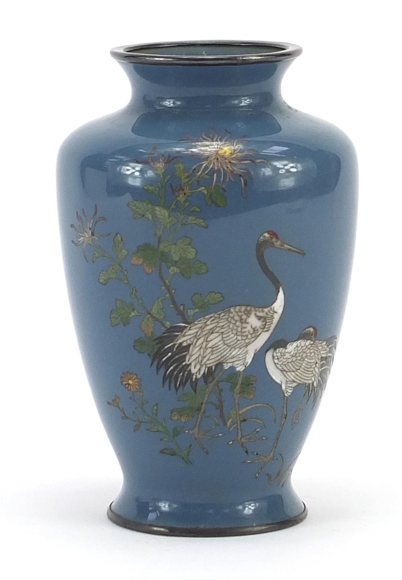 Japanese silver mounted cloisonne vase decorated with cranes and flowers, 12cm high
