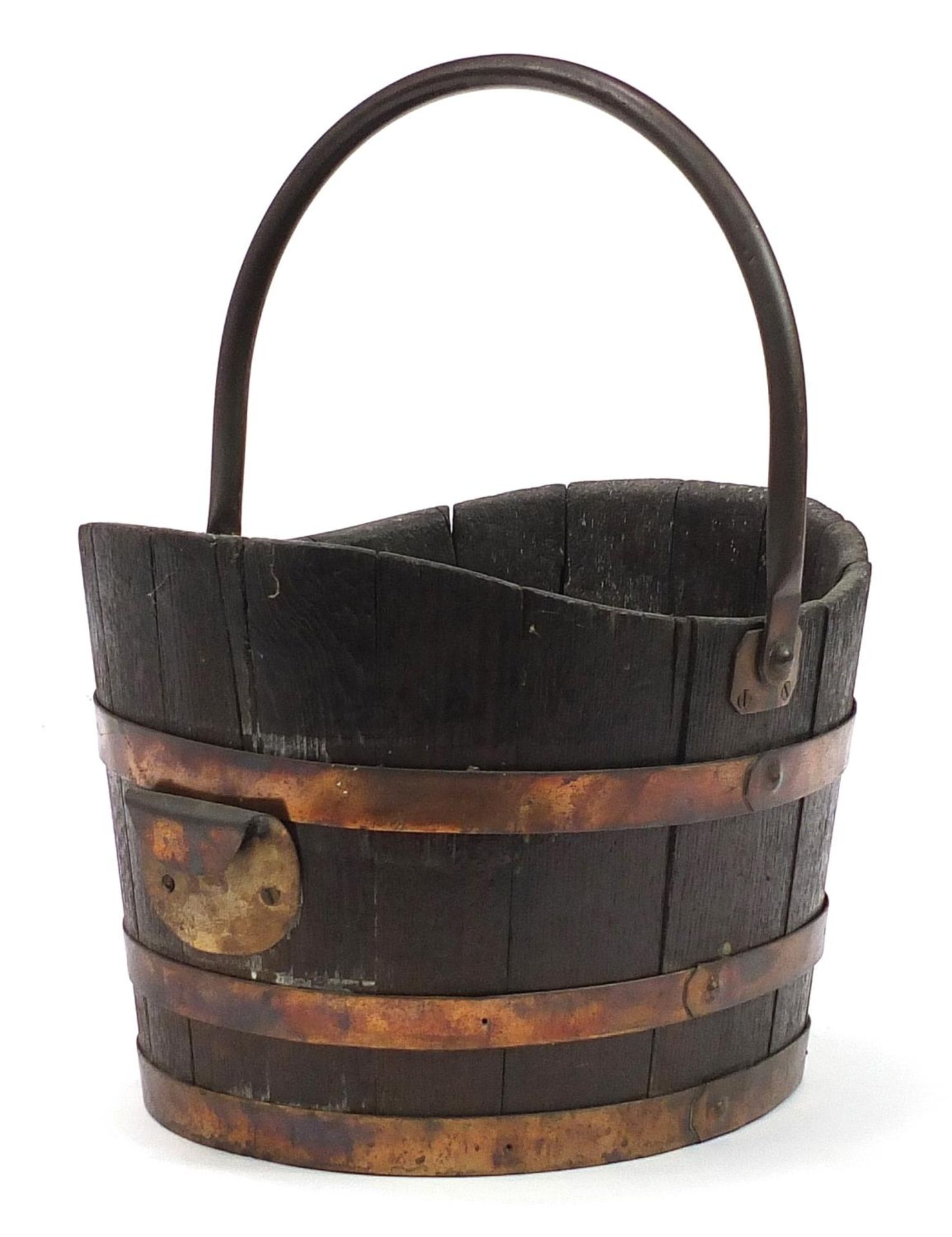 World War I Naval interest copper bound teak coal bucket with swing handle with plaque made from the - Image 3 of 4