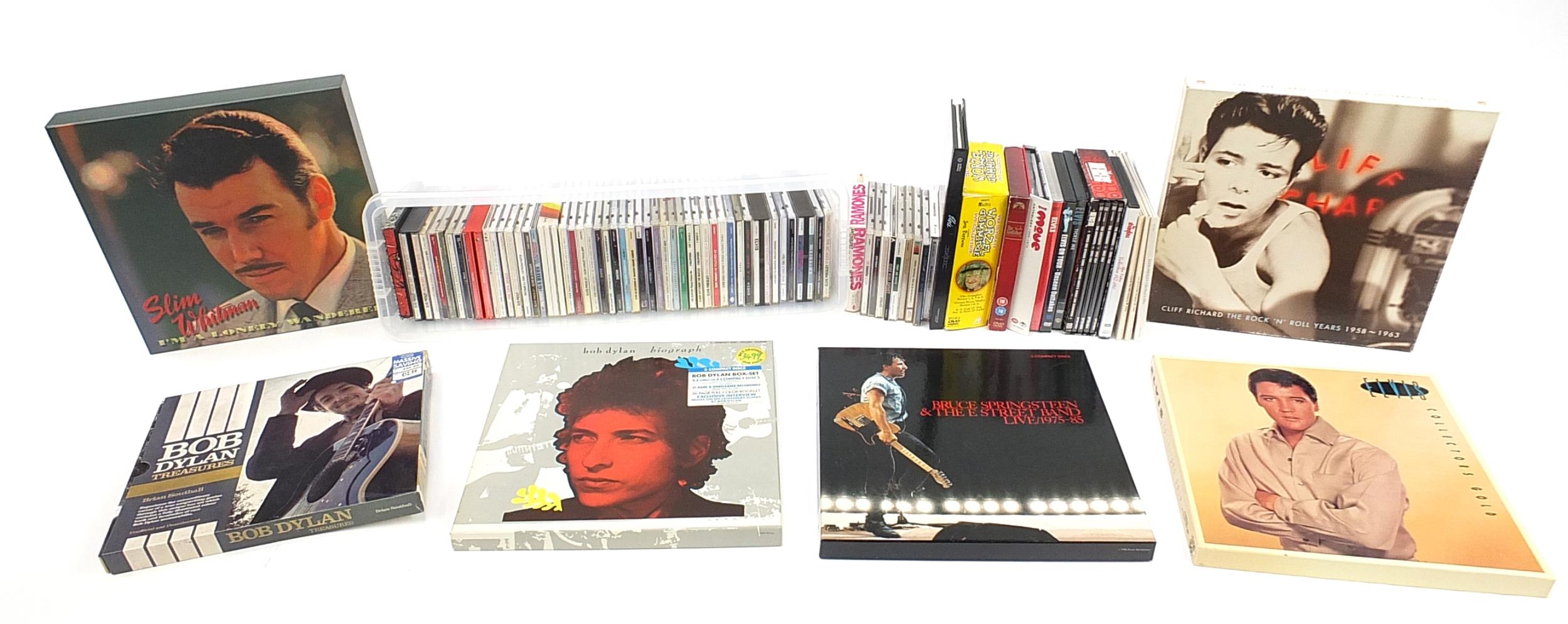 Vinyl records, CDs and DVDs, some box sets including Elvis Presley, The Beatles and Bob Dylan