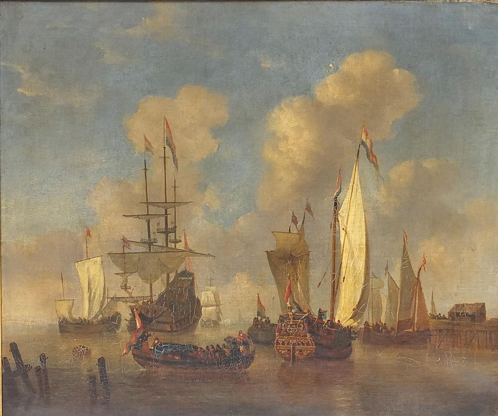 Manner of Abraham Jansz Storck - Dutch Men o'War, 18th century maritime oil on canvas, mounted and