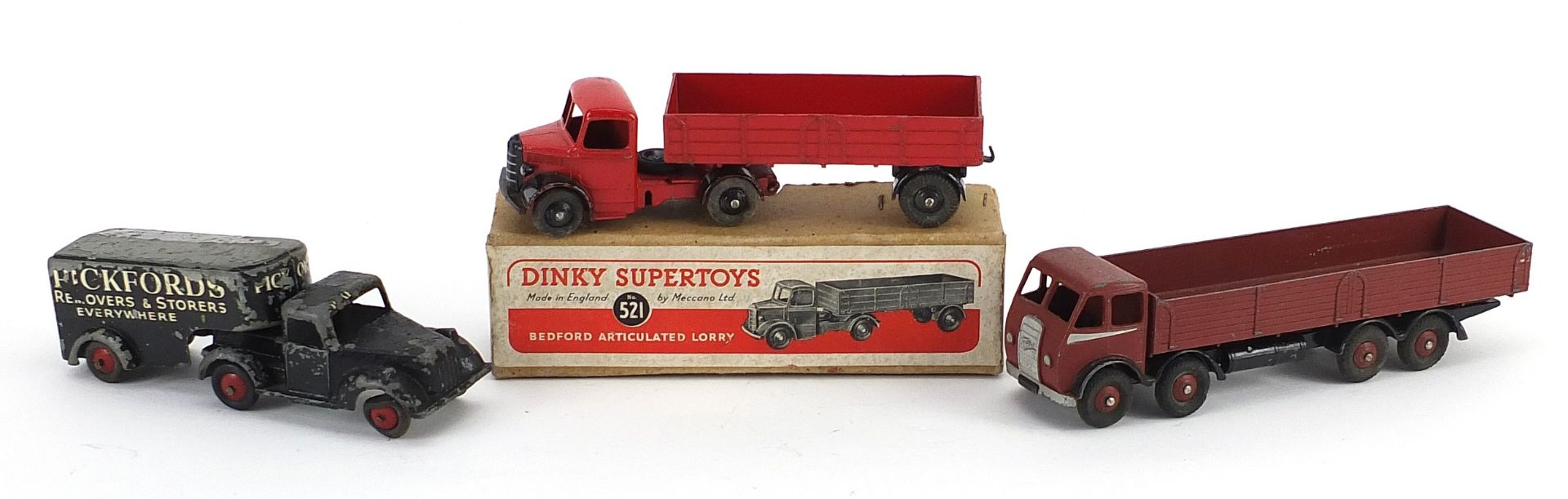 Two vintage Dinky diecast lorries and a Timpo Toys Pickfords Removal lorry