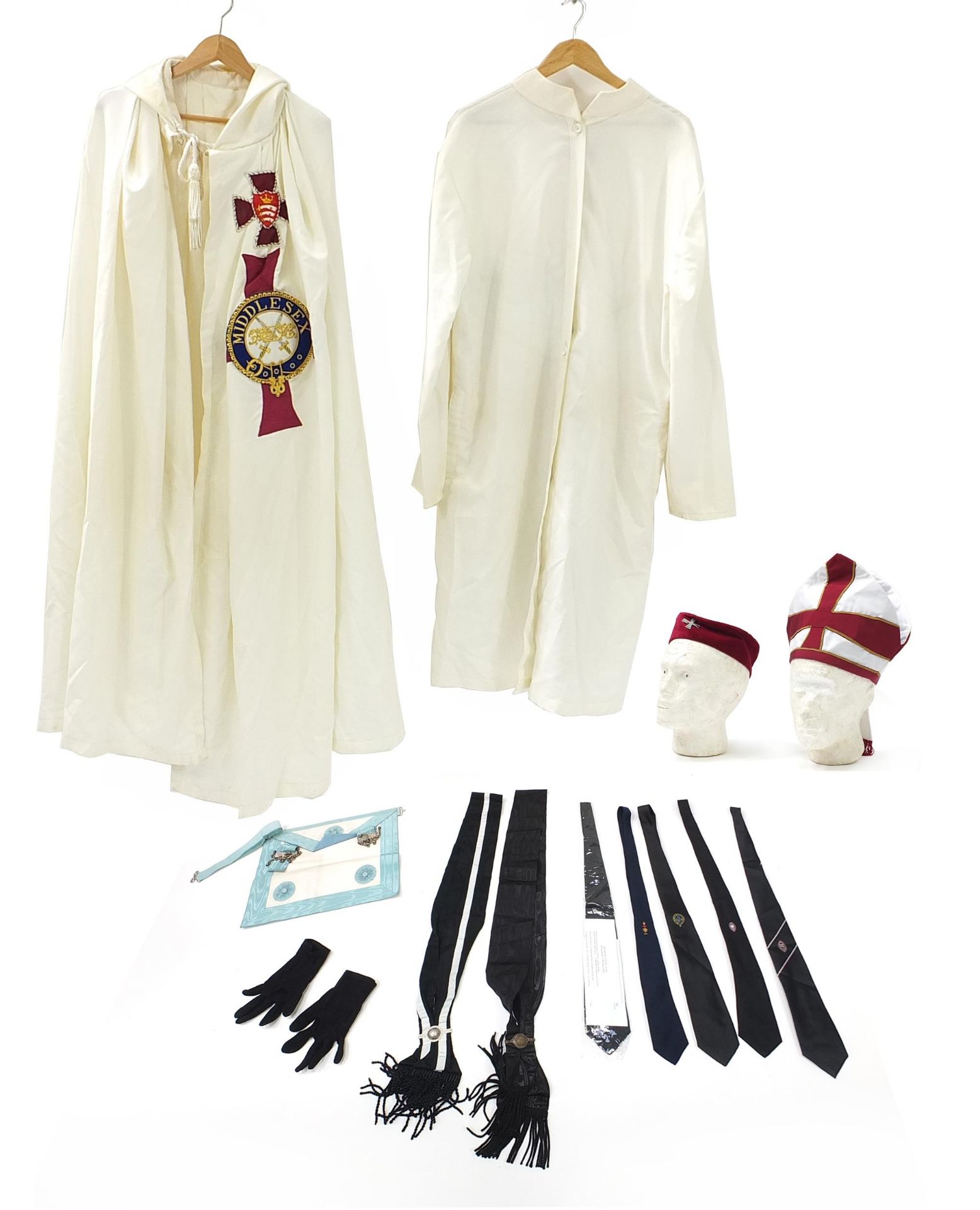 Masonic regalia including Templar Cross cloak, sashes and leather belt