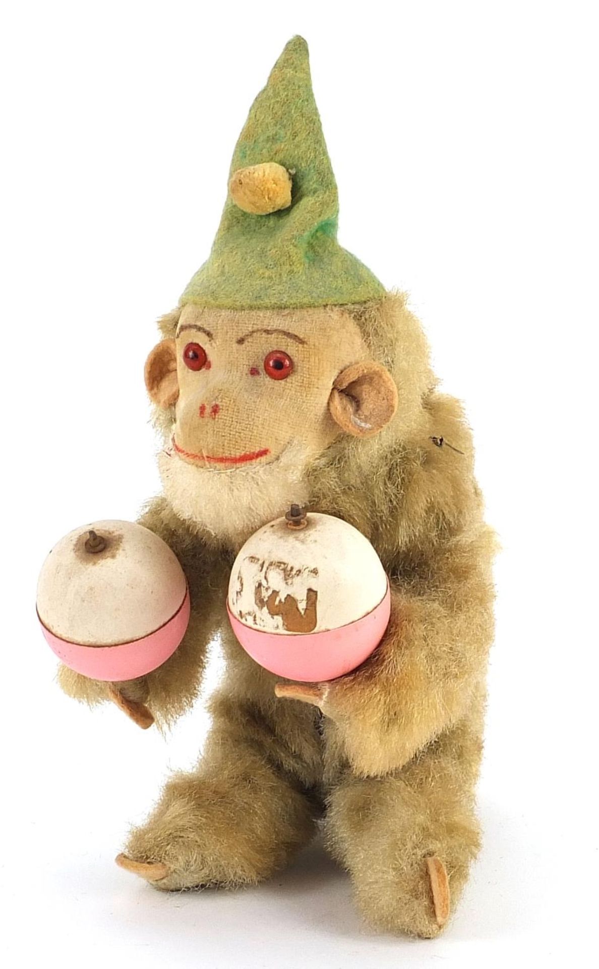 Vintage West German mechanical action monkey with maracas toy, 20cm high