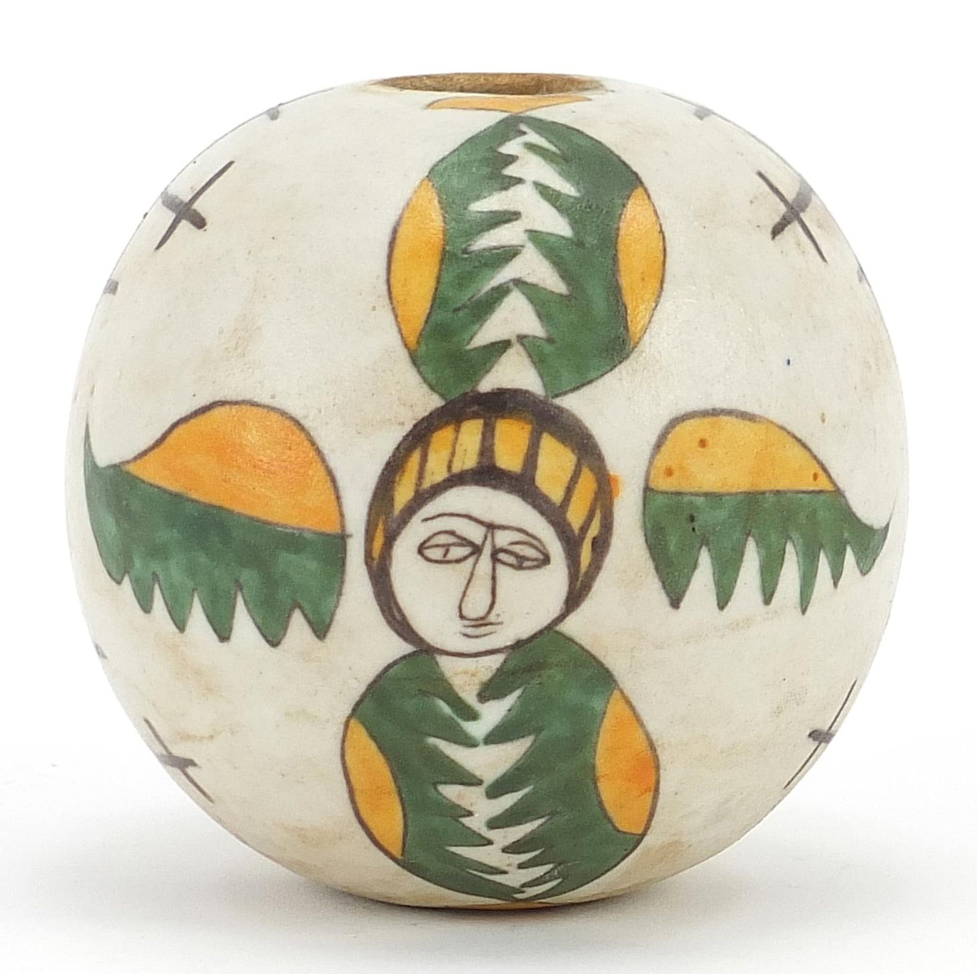 Turkish Kutahya pottery hanging ball hand painted with faces, 10cm high - Image 2 of 3