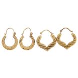 Two pairs of gold hoop earrings including one unmarked, the largest 1.7cm wide, 1.6g