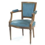 French style walnut salon chair with blue upholstered back and seat, 88cm high