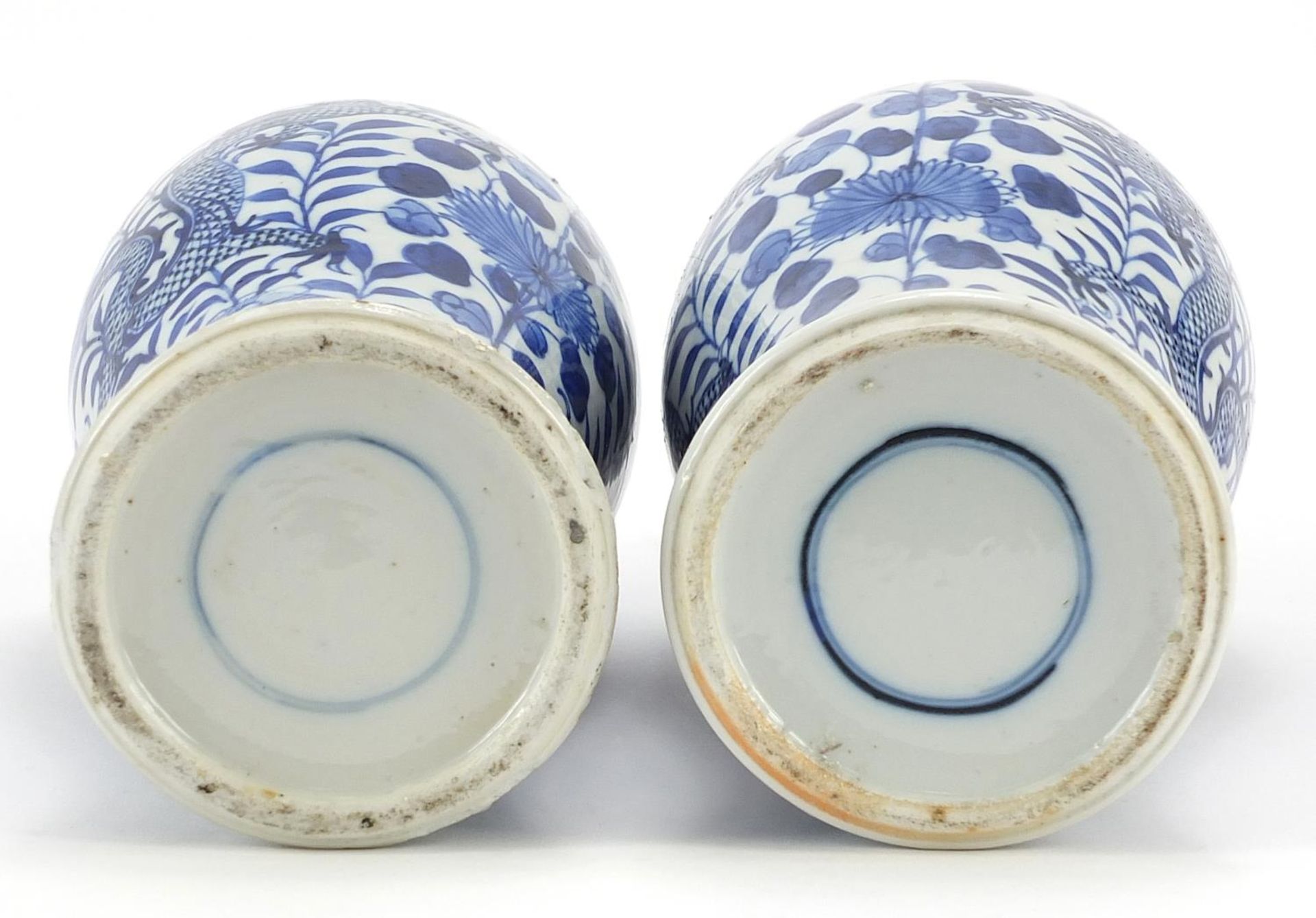 Pair of Chinese blue and white porcelain baluster vases hand painted with dragons amongst flowers, - Image 3 of 3