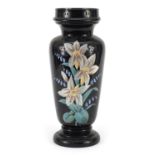 19th century black opaline glass vase hand painted with flowers, 34cm high