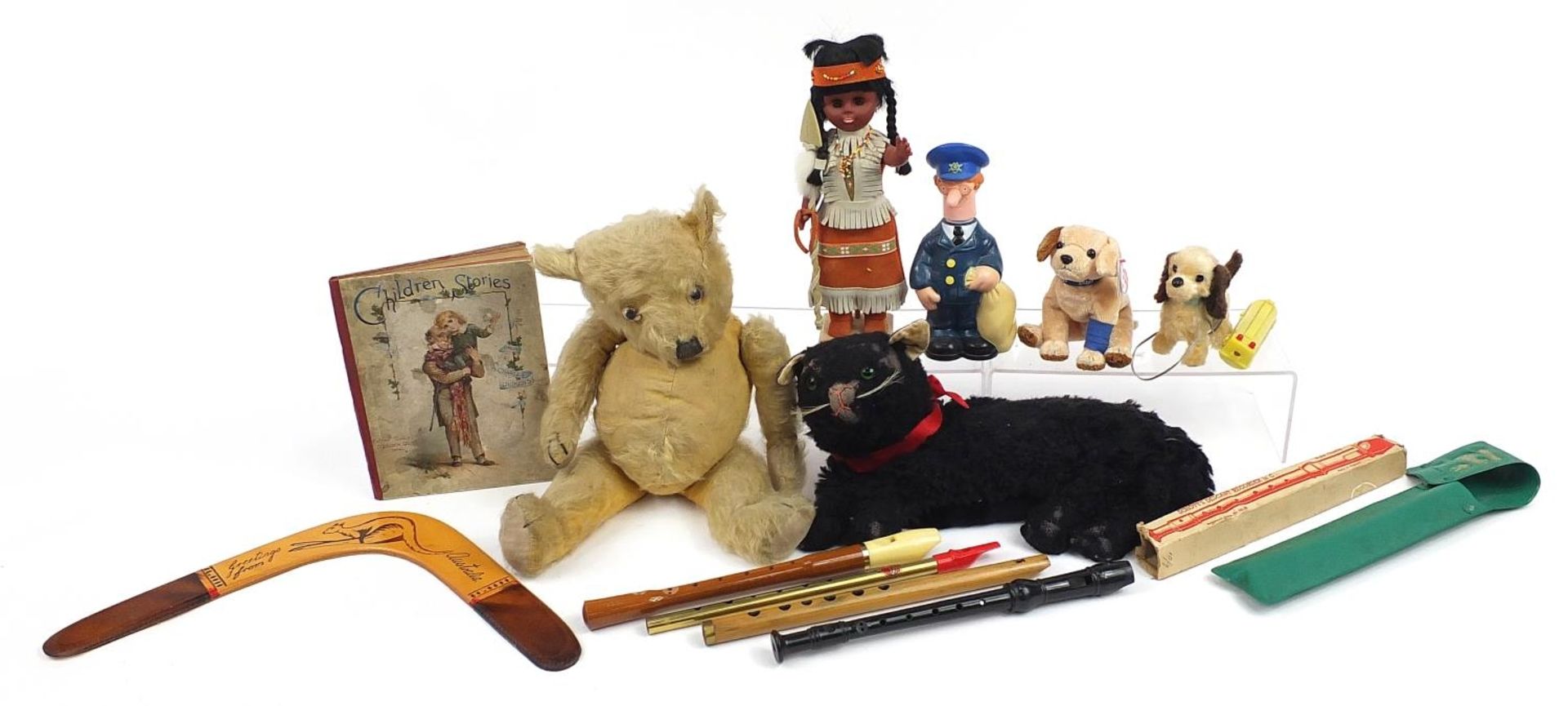 Vintage and later toys including an antique golden teddy bear, recorder instruments and black cat