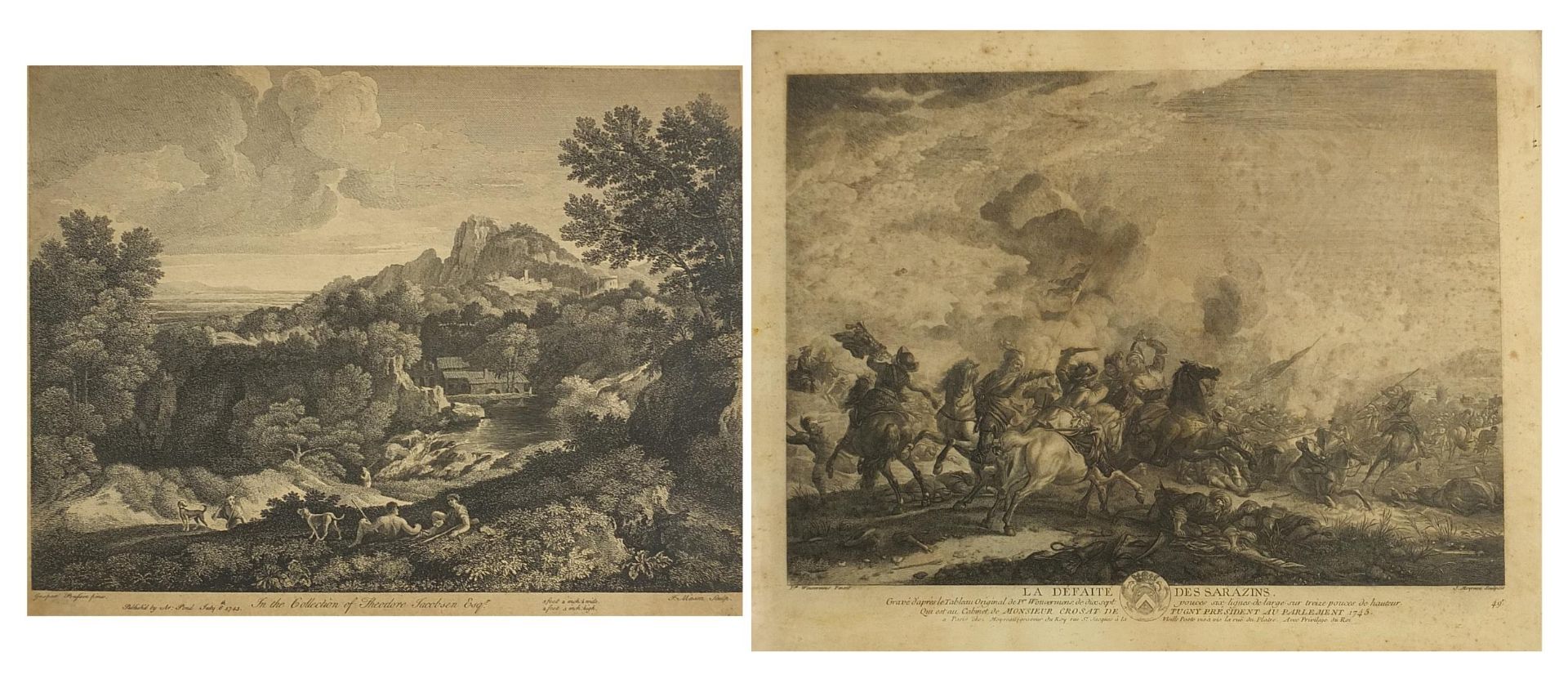 La Defaite des Sarazins and one other, two 18th century engravings, each mounted, framed and glazed,