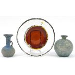 Two Roman style glass vases and a Finnish dish by Hump Pii, the largest 23cm in diameter