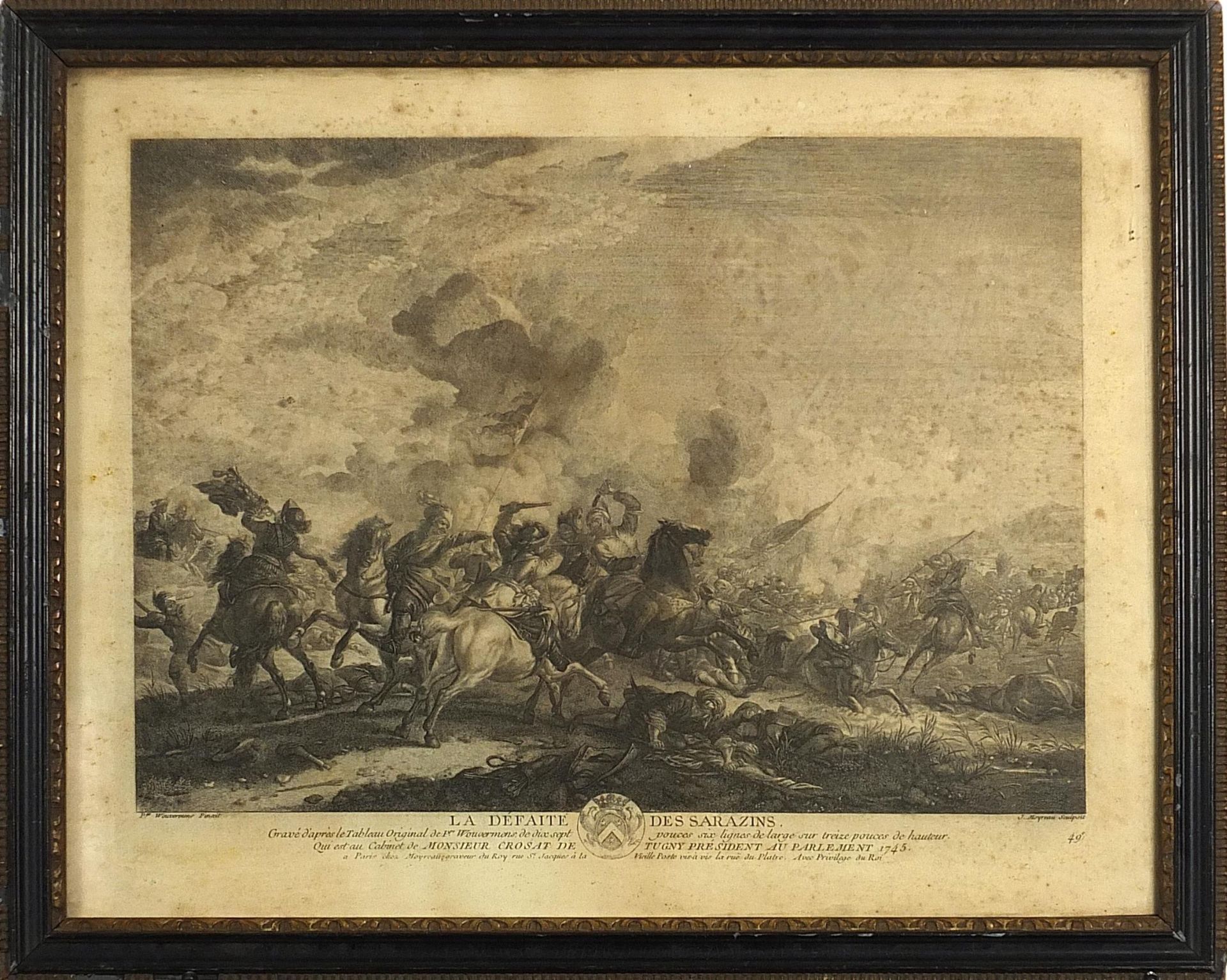 La Defaite des Sarazins and one other, two 18th century engravings, each mounted, framed and glazed, - Image 7 of 9