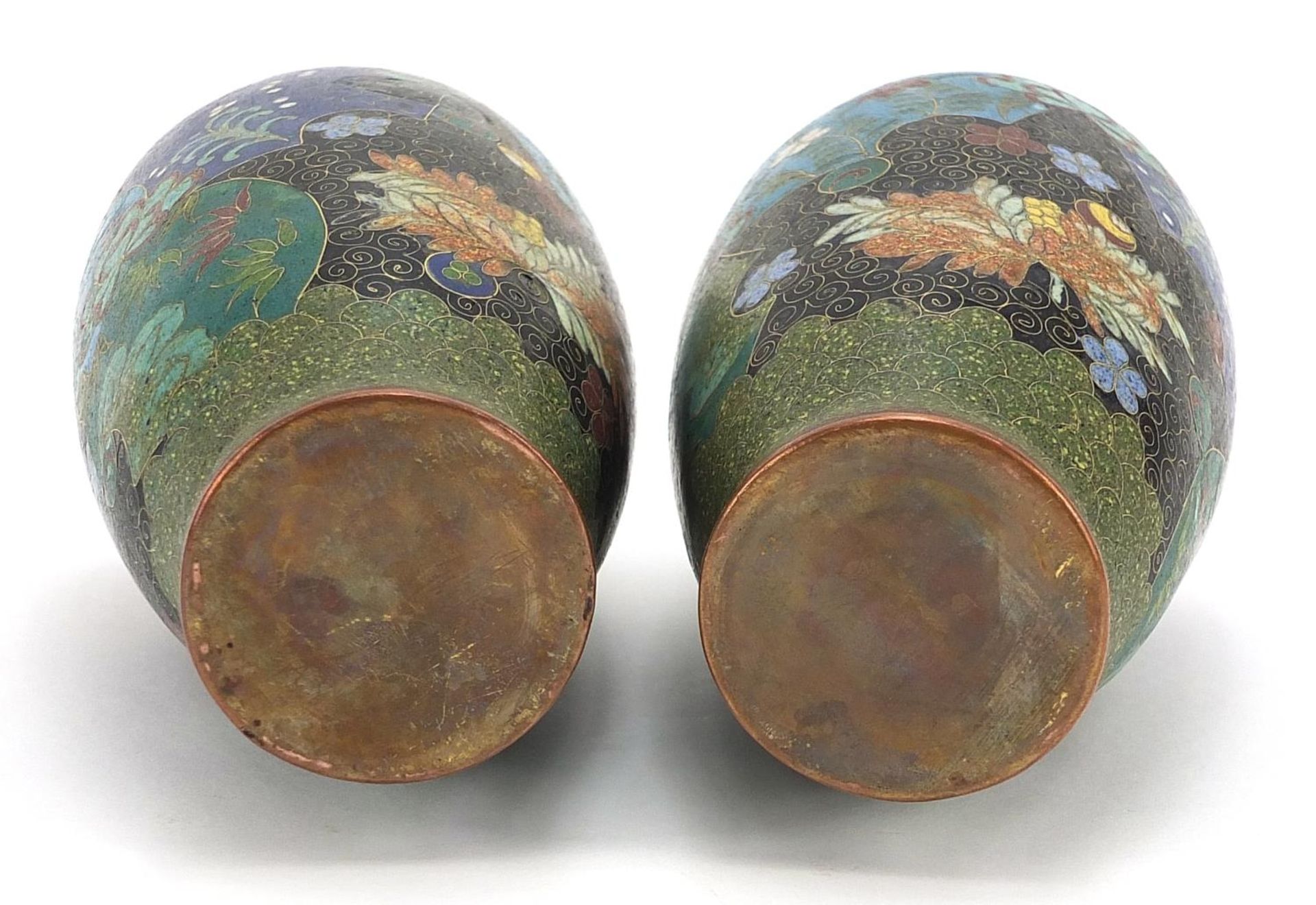 Pair of Japanese cloisonne vases on hardwood stands, each enamelled with flowers within fan - Image 3 of 3