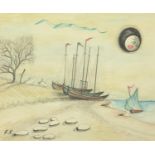 Harbour scene with moored boats, surreal watercolour and pencil, bearing a monogram F R, mounted,