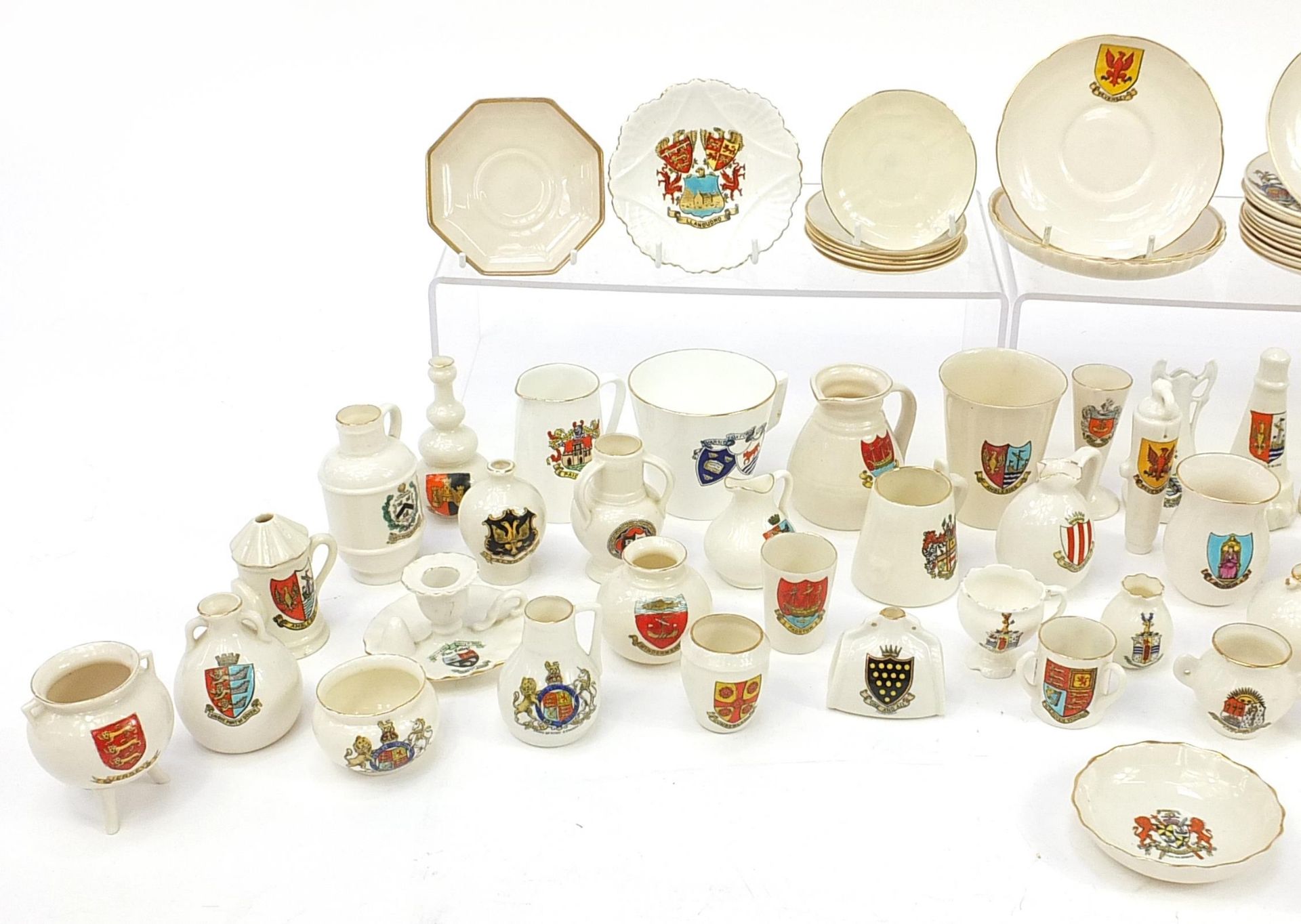 Collection of crested china, some Goss including lighthouses, cauldrons, shoe, cannon and saucers - Image 2 of 4