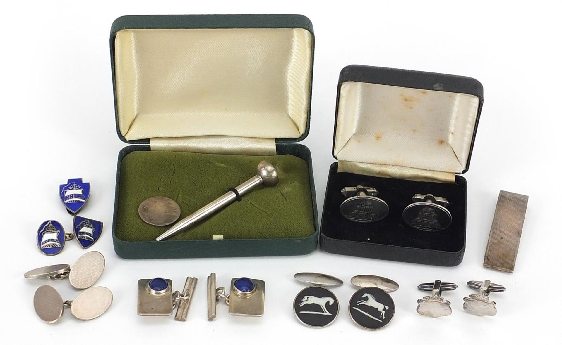 Collection of silver and white metal cufflinks, money clip and golf tee design propelling pencil,