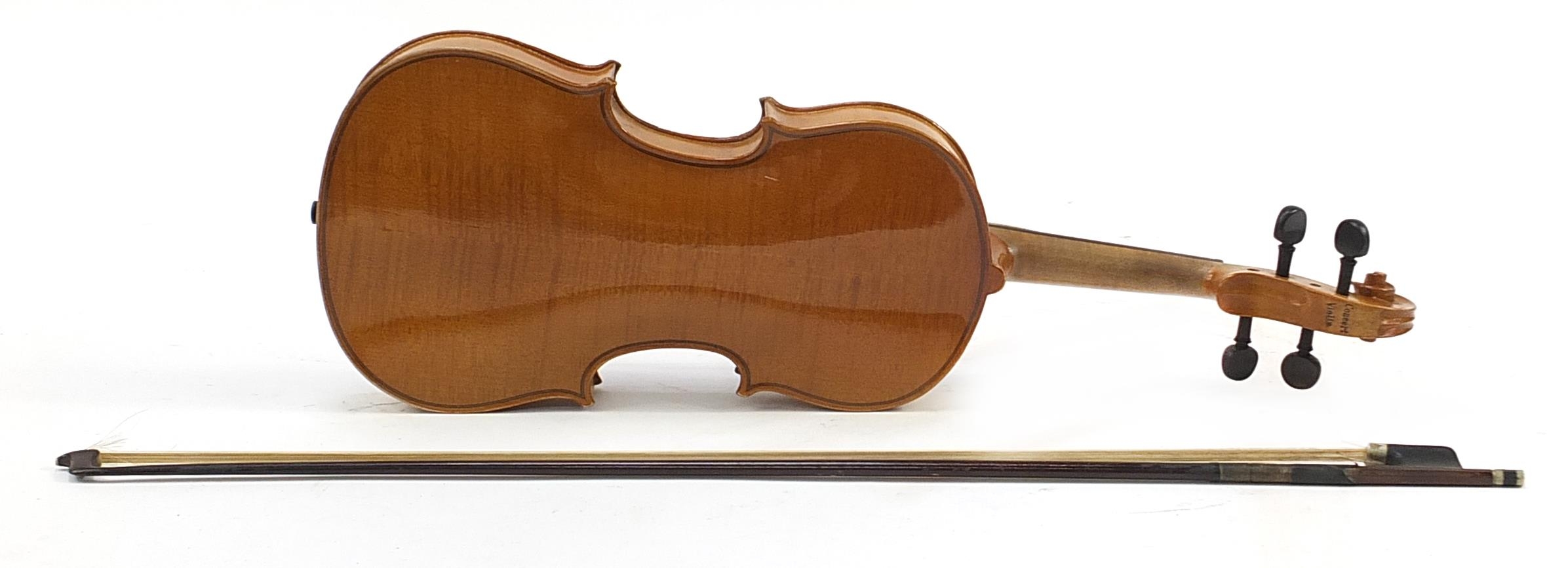 Old wooden violin bearing a Stradivarius label and violin bow impressed Lupot with case, the - Image 3 of 7