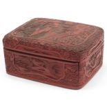 Large Chinese cinnabar lacquer box and cover carved with cranes in a landscape, 12cm H x 27.5cm W