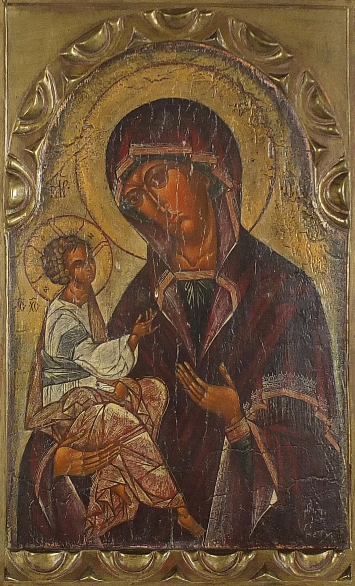 Madonna and child, Orthodox religious icon, oil, mounted and framed, 49cm x 30cm excluding the mount