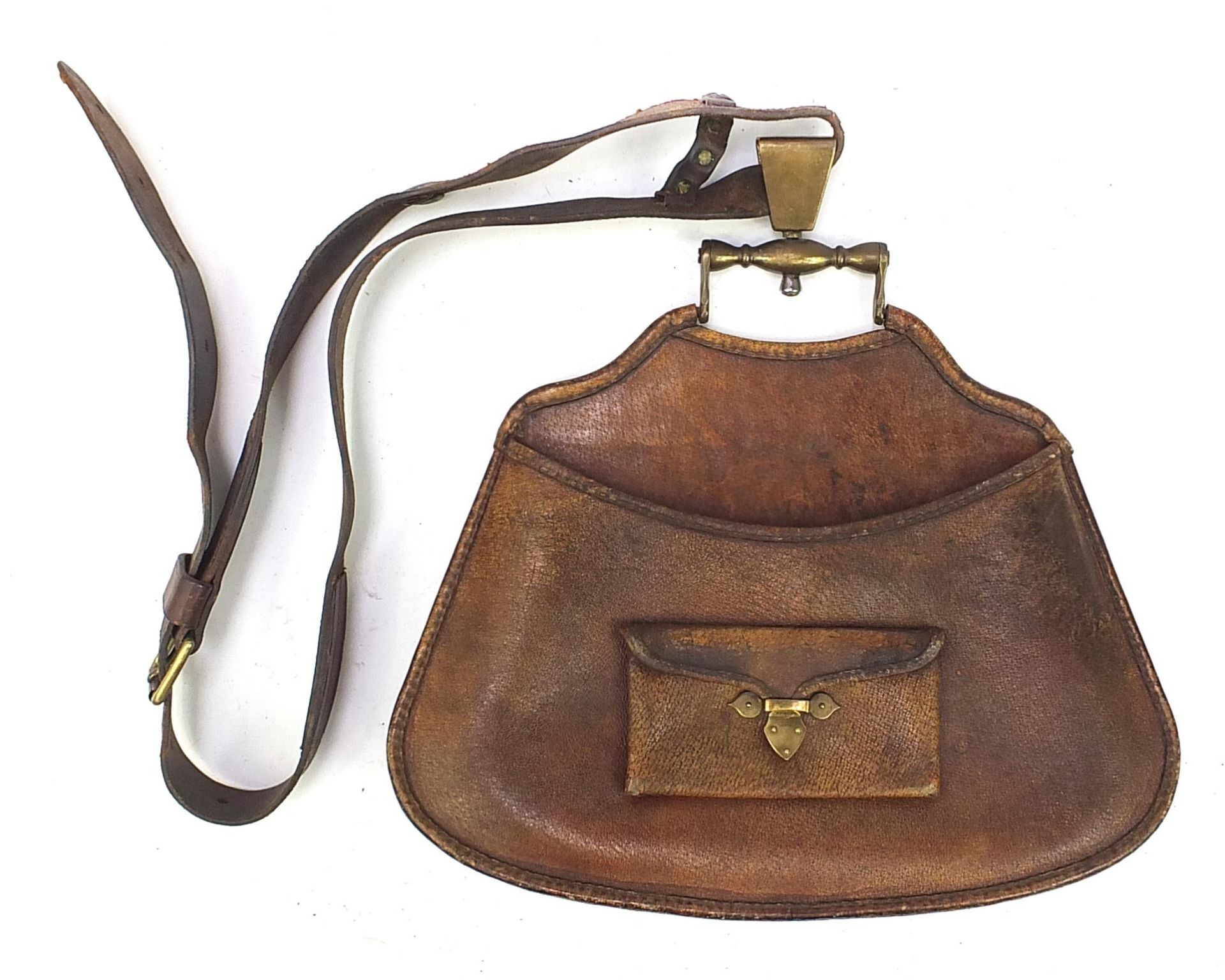 Vintage Hawker's brown leather bag with brass mounts and shoulder strap, the back 38cm wide - Image 2 of 2