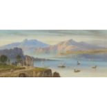 Continental mountainous landscape with boats on a lake, watercolour, indistinctly signed, possibly L