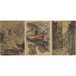 Street scenes and windmill, set of three 1960s prints, one in colour, framed, each 80cm x 58cm