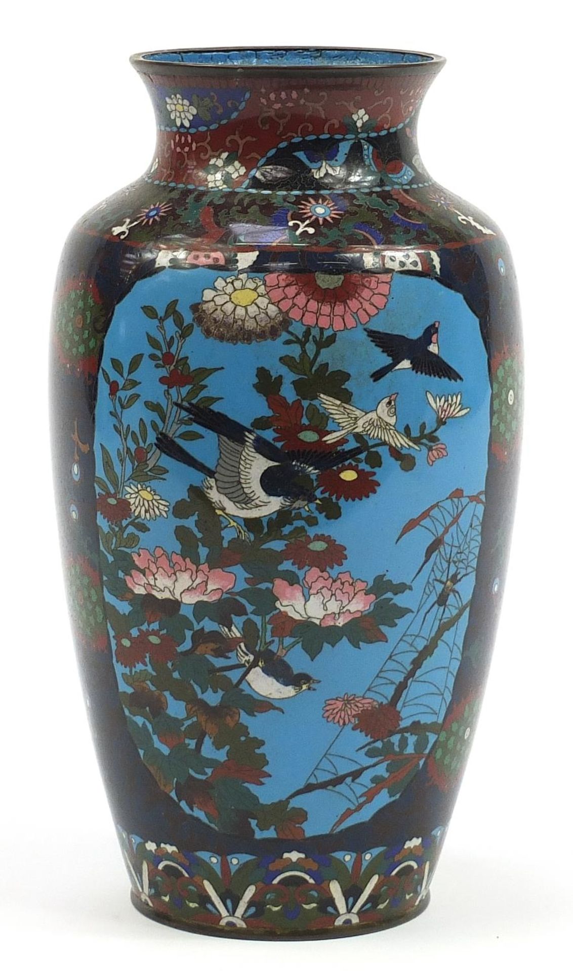 Large Japanese cloisonne vase enamelled with birds of paradise amongst flowers, 34cm high - Image 2 of 3