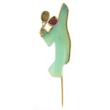 Modernist 14ct gold green and red stone tennis stick pin, 4.5cm high, 7.9g